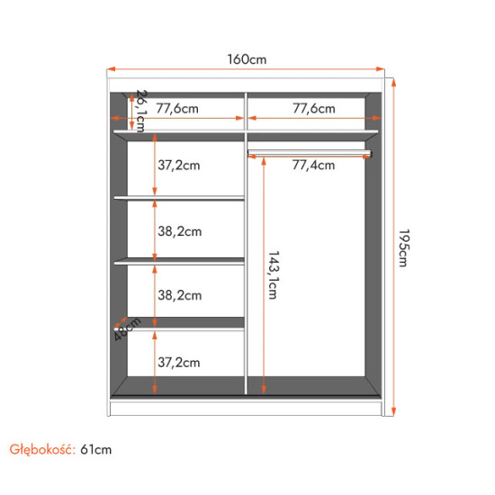 Skapis ar bīdāmām durvīm BONO 05 (160 cm) ar spoguli Skapis ar bīdāmām durvīm BONO 05 (160 cm) ar spoguli