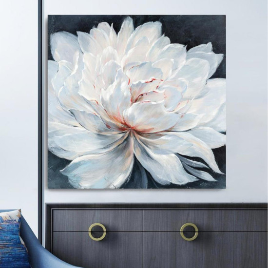 Eļļas glezna 100x100cm, balts zieds uz tumša fona Eļļas glezna 100x100cm, balts zieds uz tumša fona
