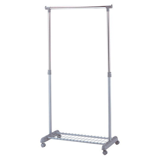 Drēbju pakaramais FRANK ar kurpju plauktu uz riteņiem 83x43xH93,5-168cm, krāsa: sudrabots-hroms Drēbju pakaramais FRANK ar kurpju plauktu uz riteņiem 83x43xH93,5-168cm, krāsa: sudrabots-hroms