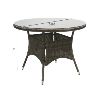 WICKER laud, D100xH71cm, lauaplaat: läbipaistev klaas, raam: alumiinium plastikpunutisega, värvus: tumepruun WICKER laud, D100xH71cm, lauaplaat: läbipaistev klaas, raam: alumiinium plastikpunutisega, värvus: tumepruun