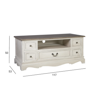 TV laud SAMIRA UUS, 5 sahtliga, 117x53xH50cm, materjal: puit, värvus: antiikvalge/pruun TV laud SAMIRA UUS, 5 sahtliga, 117x53xH50cm, materjal: puit, värvus: antiikvalge/pruun