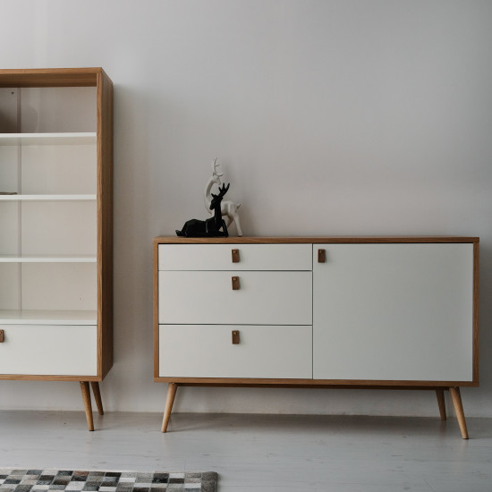 Kumode HELENA WHITE durvis un 3-atviktns 120x40xH75cm, materiāls: MDF, krāsa: dabīgs / balts