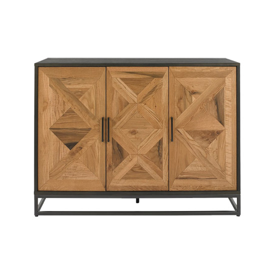 Комод INDUS 117x46xH87см, двери шпонированные дубом мозаика, корпус черный, цоколь металлический