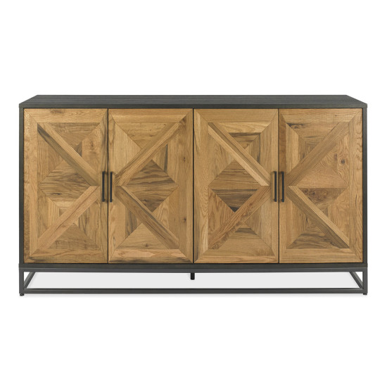 Комод INDUS 159x46xH87см, двери шпонированные дубом мозаика, корпус черный, цоколь металлический