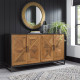 Комод INDUS 159x46xH87см, двери шпонированные дубом мозаика, корпус черный, цоколь металлический