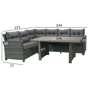 Садовая мебель PAVIA с подушками, стол и угловой диван, алюминиевая рама с пластиковым плетением, цвет: тёмно-серый Садовая мебель PAVIA с подушками, стол и угловой диван, алюминиевая рама с пластиковым плетением, цвет: тёмно-серый