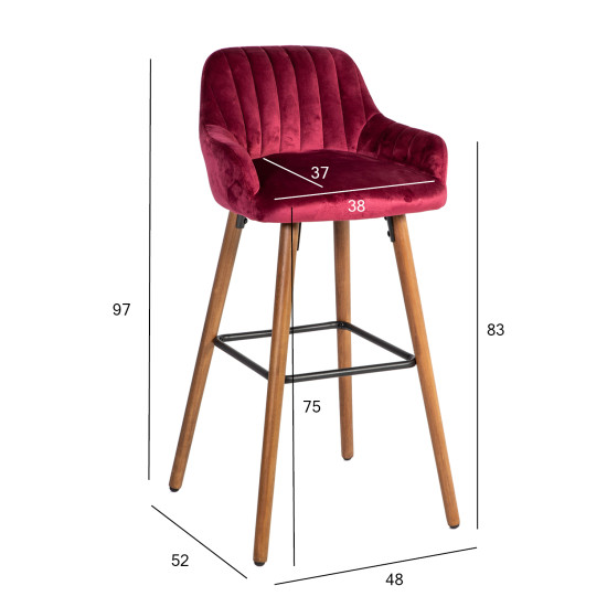 Барный стул ARIEL 48x52xH97см, сиденье и спинка: ткань, цвет: винно-красный, ножки из бука