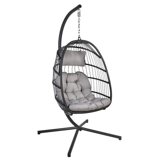 Piekaramais šūpuļkrēsls YOYO ar spilvenu 100x95/110xH196cm, statīvs: tērauda truba, sēdvieta: plastikāta pinums, pelēks Piekaramais šūpuļkrēsls YOYO ar spilvenu 100x95/110xH196cm, statīvs: tērauda truba, sēdvieta: plastikāta pinums, pelēks