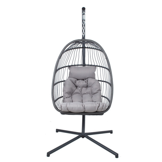 Piekaramais šūpuļkrēsls YOYO ar spilvenu 100x95/110xH196cm, statīvs: tērauda truba, sēdvieta: plastikāta pinums, pelēks Piekaramais šūpuļkrēsls YOYO ar spilvenu 100x95/110xH196cm, statīvs: tērauda truba, sēdvieta: plastikāta pinums, pelēks