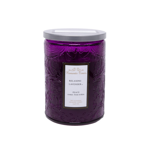 Svece stikla burkā ROMANTIC TIMES, D8xH11cm, ar vāku, violeta (aromāts- LAVANDAS)