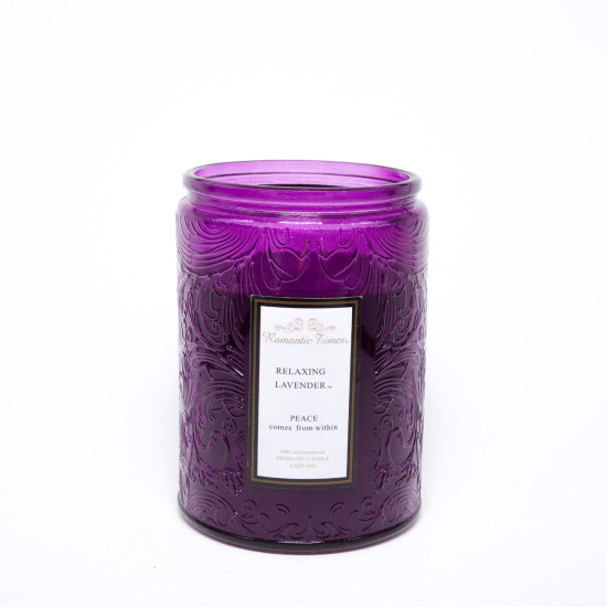Svece stikla burkā ROMANTIC TIMES, D8xH11cm, ar vāku, violeta (aromāts- LAVANDAS)