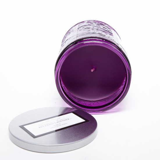 Svece stikla burkā ROMANTIC TIMES, D8xH11cm, ar vāku, violeta (aromāts- LAVANDAS)