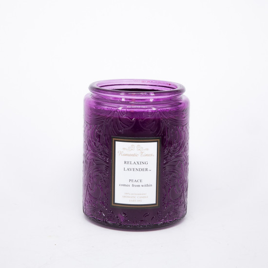 Aromātiskā svece stiklā ROMANTIC TIMES, D7xH9cm, violeta (smaržas- LAVENDER)