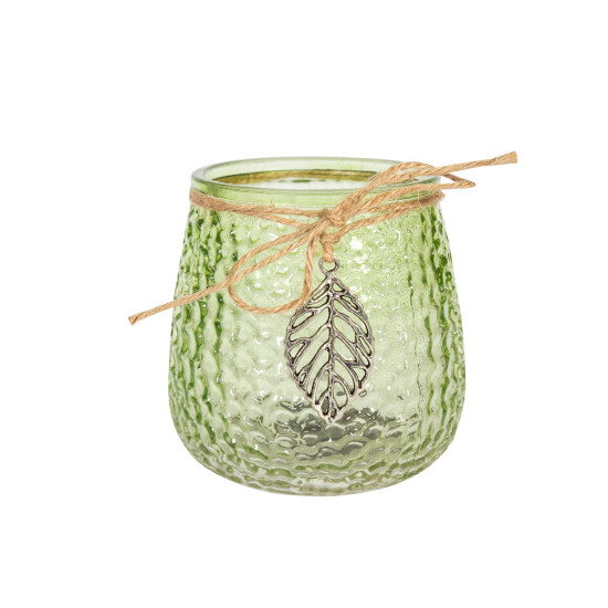 Svečturis LULU D9xH10cm, zaļš, metāla lapa, ar spalvām Svečturis LULU D9xH10cm, zaļš, metāla lapa, ar spalvām