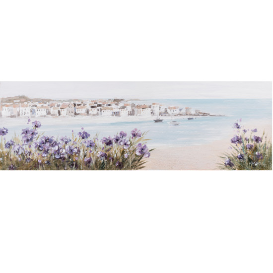 Eļļas glezna 50x150cm, pludmale / violeti ziedi