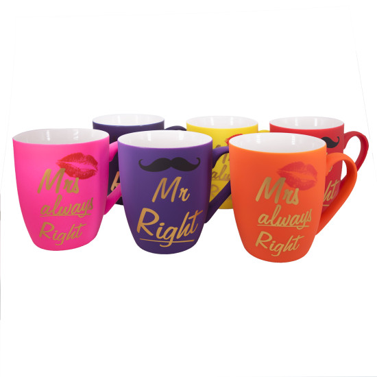 Krūze NEON MR / MRS, 400ml, krāsu sajaukums, keramika ar silikona pārklājumu