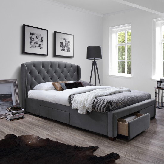 Кровать LOUIS с 4-ящиками, с матрасом HARMONY TOP (86864) 160x200см, обивка из мебельного текстиля, цвет: серый