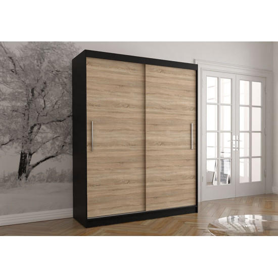 Skapis ar bīdāmām durvīm VISTA 04 150 cm melns + sonoma ozols + LED 