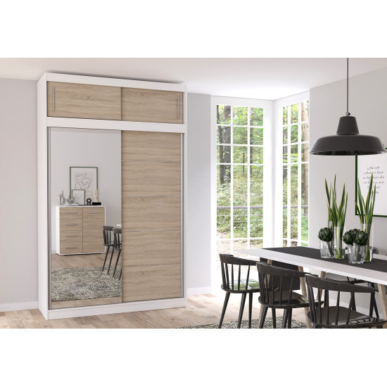 Idzczak Skapis ar pagarinājumu VESTA 05 150 cm Sonoma Ozols + Balts Spogulis LED Profils 150