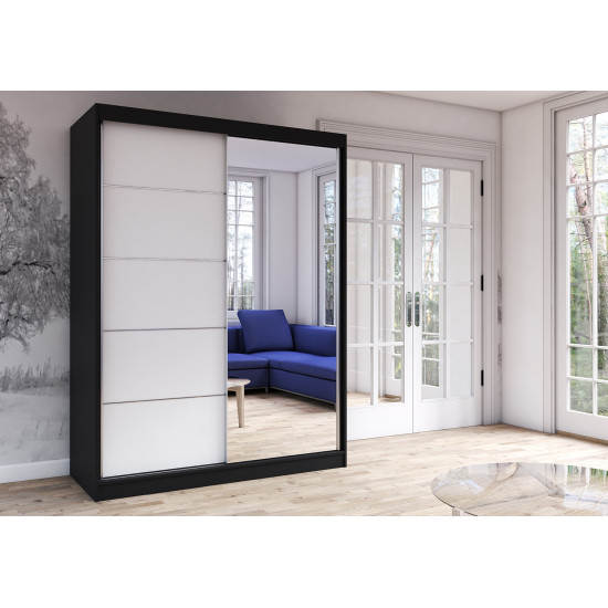 Idzczak Skapis VISTA 05 -150 cm (melns) Balts + Spogulis Melns LED profils 150