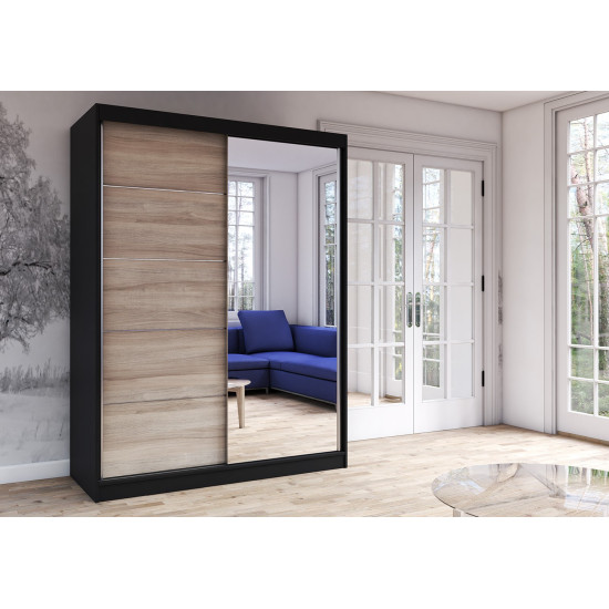 Idzczak Skapis VISTA 05 -150 cm (melns) Sonoma Ozols + Melns Spogulis LED Profils 150