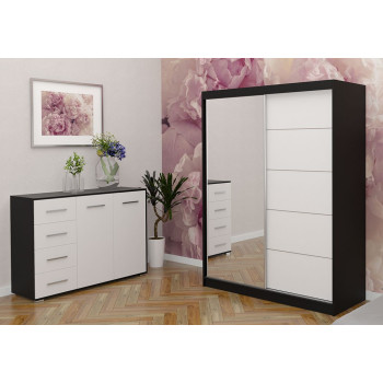 Skapis ar bīdāmām durvīm VISTA 05+ kumode FRIDA 01 melns / balts + spoguļis Skapis ar bīdāmām durvīm VISTA 05+ kumode FRIDA 01 melns / balts + spoguļis
