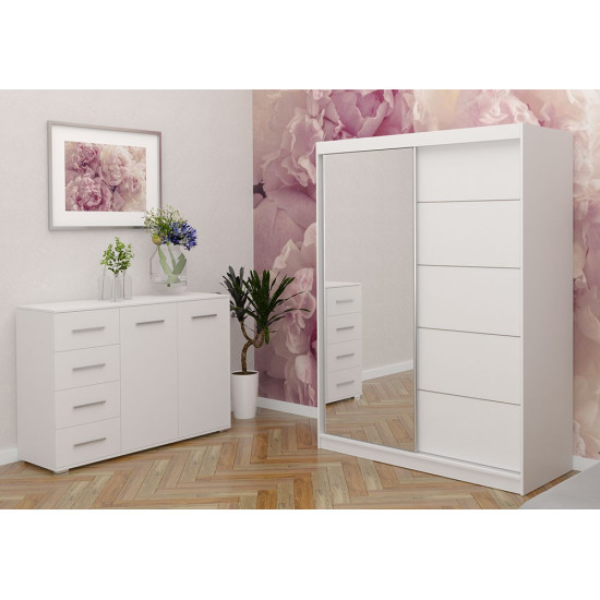 Skapis ar bīdāmām durvīm VISTA 05 (150 cm) balts + spogulis + kumode FRIDA 01 balts