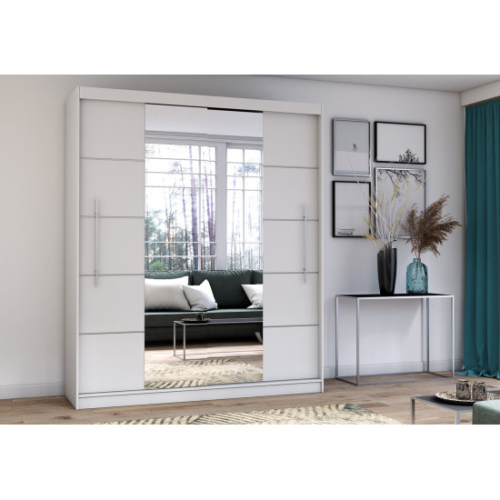 Skapis ar bīdāmām durvīm RICO ar spoguli (204 cm) balts / balts + LED profils 200