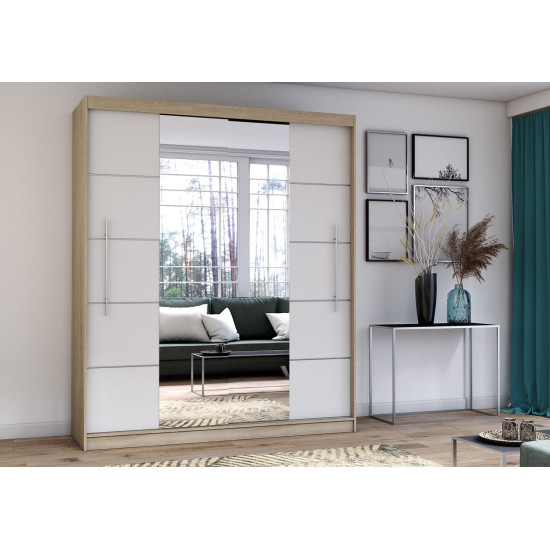 Idzczak Skapis RICO ar spoguli (krāsas) 204 cm Balts + Spogulis Ozols sonoma LED profils 200