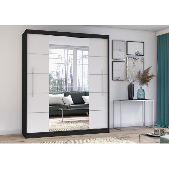 Idzczak Skapis RICO ar spoguli (krāsas) 204 cm Balts + Spogulis Melns LED profils 200