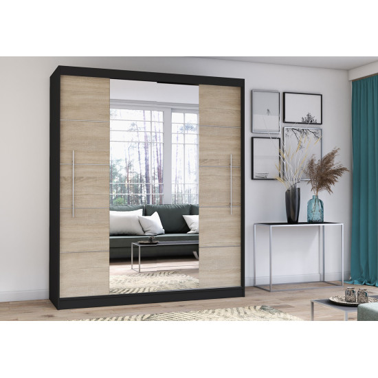 Idzczak Skapis RICO ar spoguli (krāsas) 204 cm Sonoma Ozols + melns spogulis LED profils 200