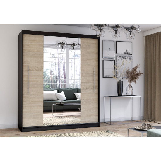 Idzczak Skapis RICO ar spoguli (krāsas) 204 cm Sonoma Ozols + melns spogulis LED profils 200