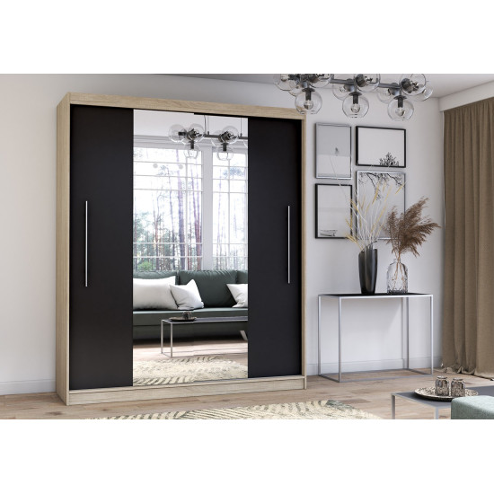 Idzczak Skapis RICO ar spoguli (krāsas) 204 cm Melns Sonoma Ozols + Spoguļa profils LED 200