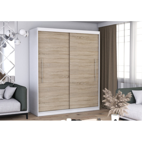Skapis ar bīdāmām durvīm RICO (204 cm) balts / sonoma ozols + LED profils 200