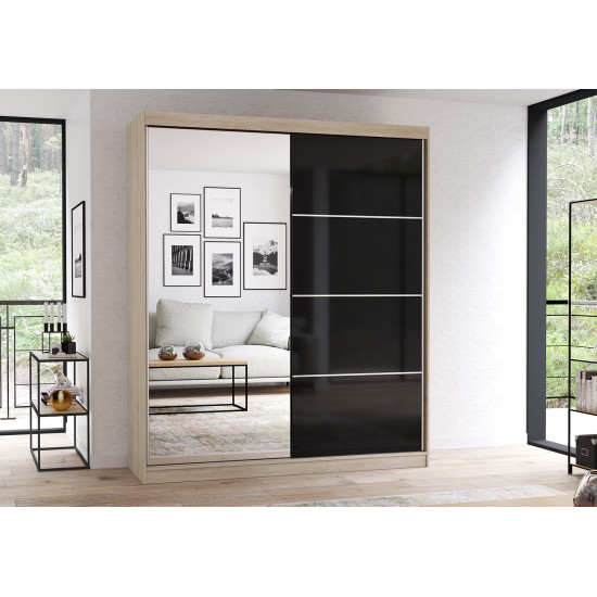 Skapis-kupeja MULTI 31 (183 cm)  Ozols sonoma + Melns pusspīdīgs + spogulis