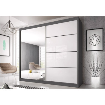 Skapis ar bīdāmām durvīm MULTI 35 (203 cm) pelēks / balts pusspīdīgs + spogulis Skapis ar bīdāmām durvīm MULTI 35 (203 cm) pelēks / balts pusspīdīgs + spogulis