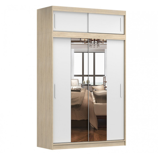 Idzczak Skapis-kupeja ar antresolu VESTA 01 150 cm Balts + spogulis sonoma ozols